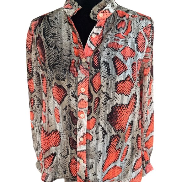 O c Small Orange Snakeskin Shimmery Sheer Long Sleeve Button Blouse - Picture 2 of 8